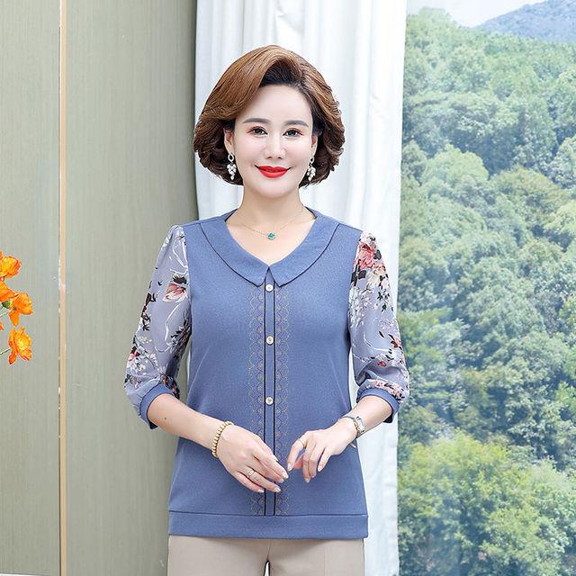 Нижняя рубашка с лацканами для мамы, женская рубашка среднего возраста с темпераментным принтом и шифоновыми рукавами, весенне-осенняя вязаная футболка 5XL