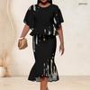 Women Plus Size Two Piece Set Round Neck Batwing Sleeve Printed Ruffle Hem Top Fishtail Skirt Dark Green Black