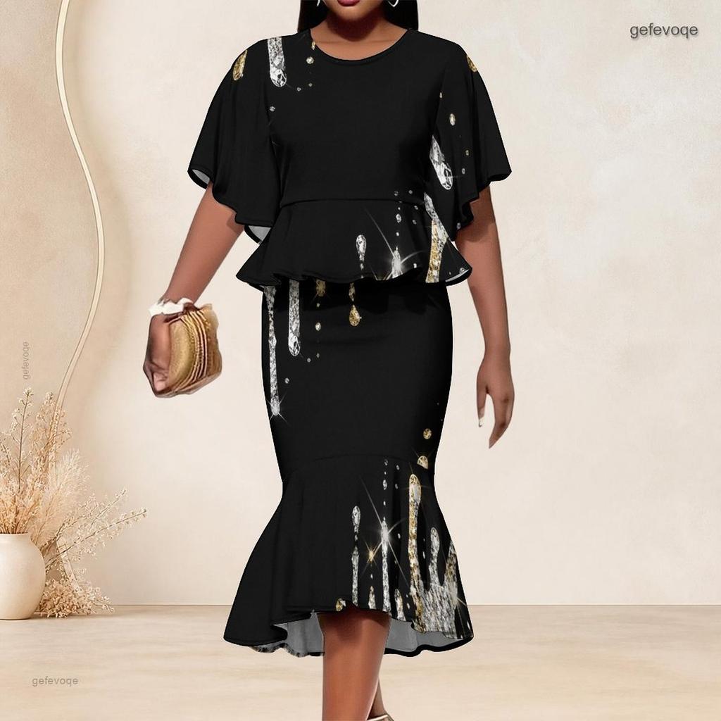 Women Plus Size Two Piece Set Round Neck Batwing Sleeve Printed Ruffle Hem Top Fishtail Skirt Dark Green Black