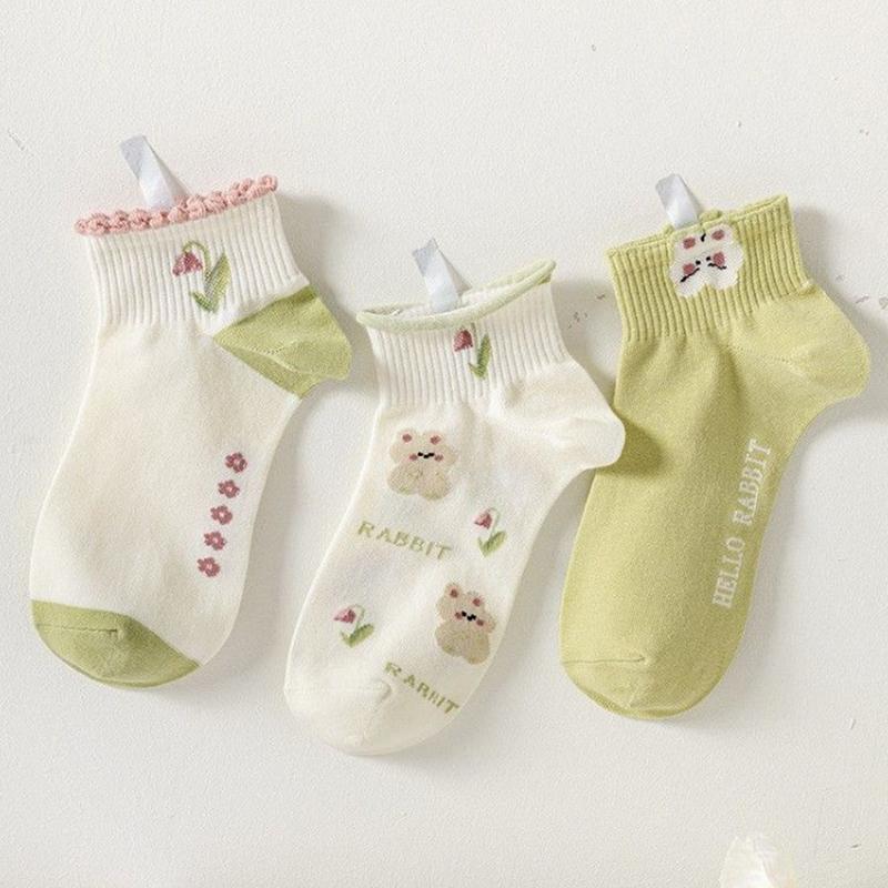 Ankle Socks For Women Cute Rabbit Socks For Girl Cotton Short Flower Kwaii
