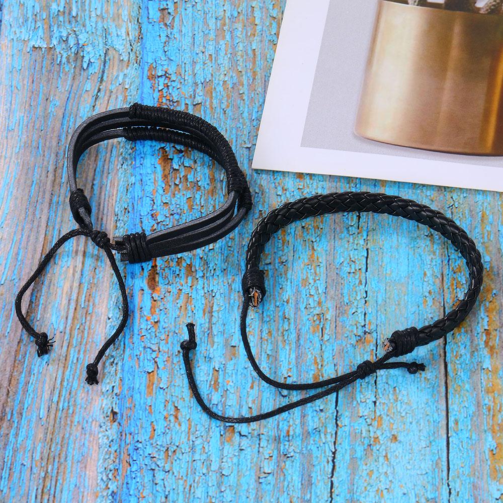 Fashion Multilayer Black Bead Braided Rope Leather Bracelet Alloy 8 Word Male Bracelet Jewelry Gift
