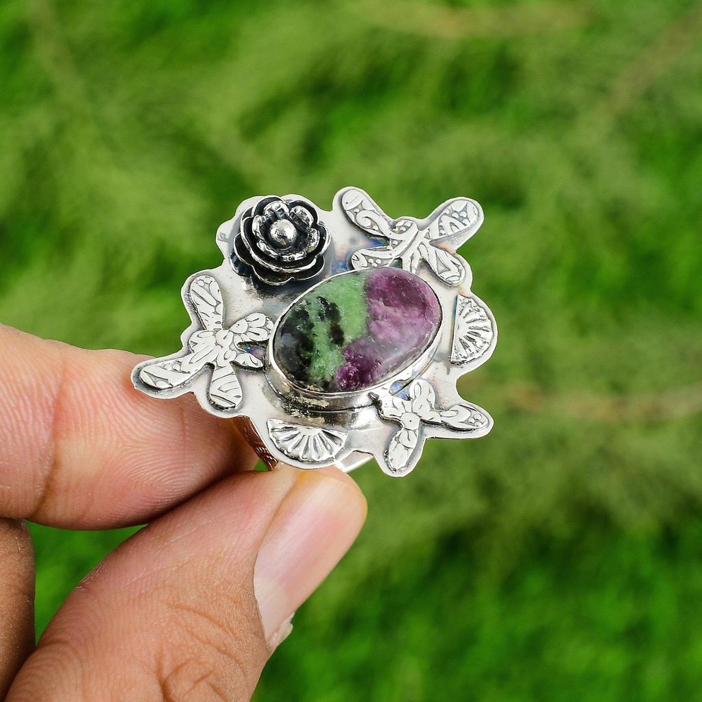 Gift For Women Promise Flower Adjustable Ring 925 Silver Natural Ruby Zoisite