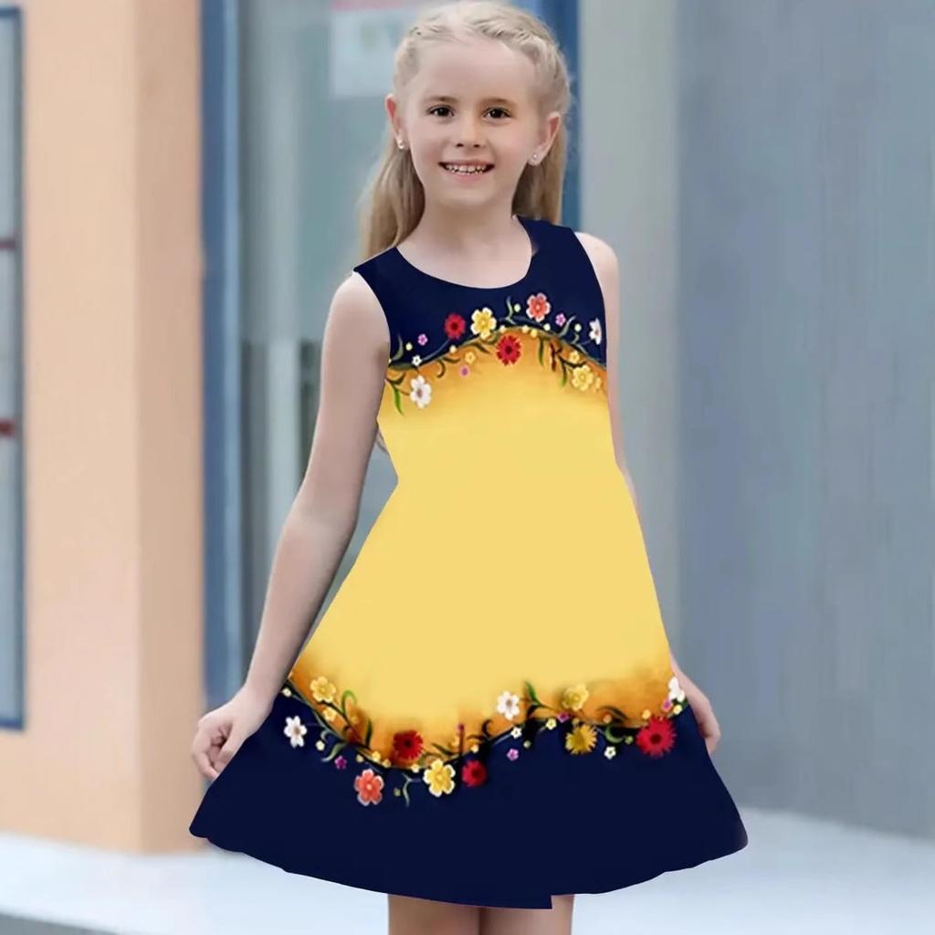 Girls Round Neck Sleeveless Vest Dress Dress Dresses Lovely Splicing Collision Colour Princess Dress 3D Digital Printing