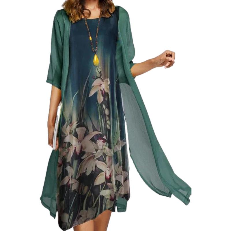 Plus Size Fashion Women's Printed Party Dress 2 Pcs Cardigan Elegant Round Neck Maxi Dresses Casual Long Chiffon Dresses Fashion Sets