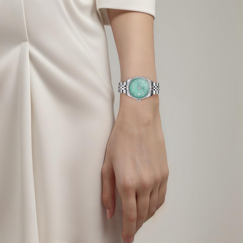 Tissot Женские часы Halo Collection с кварцевым механизмом 34 мм Зеленый циферблат Корпус из нержавеющей стали Стальной ремешок T1562101109100