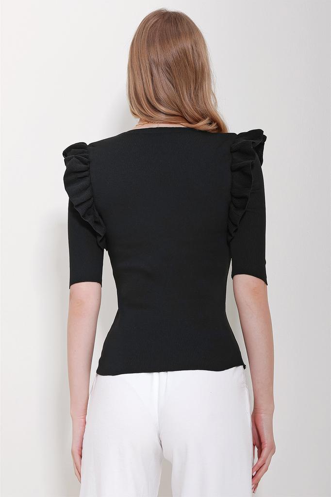 Women's Blouse New Season Fashion Black V-Neck Sleeves Ruffle Knitwear Blouse