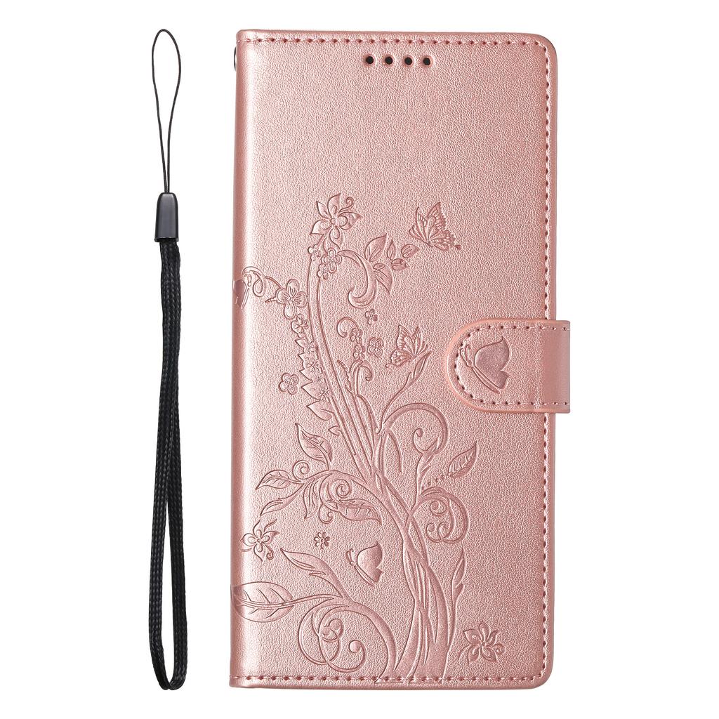 For iPhone 16 Pro Max Wallet Case Butterfly Floral Imprint PU Leather Phone Cover with Wrist Strap