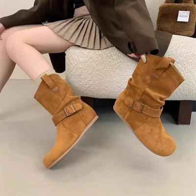 Новый стиль женские однотонные ботинки до середины икры с круглым носком, на толстом каблуке-рюмочке, в западном ретро-стиле, женские ретро ботинки-платформы в стиле ковбойском