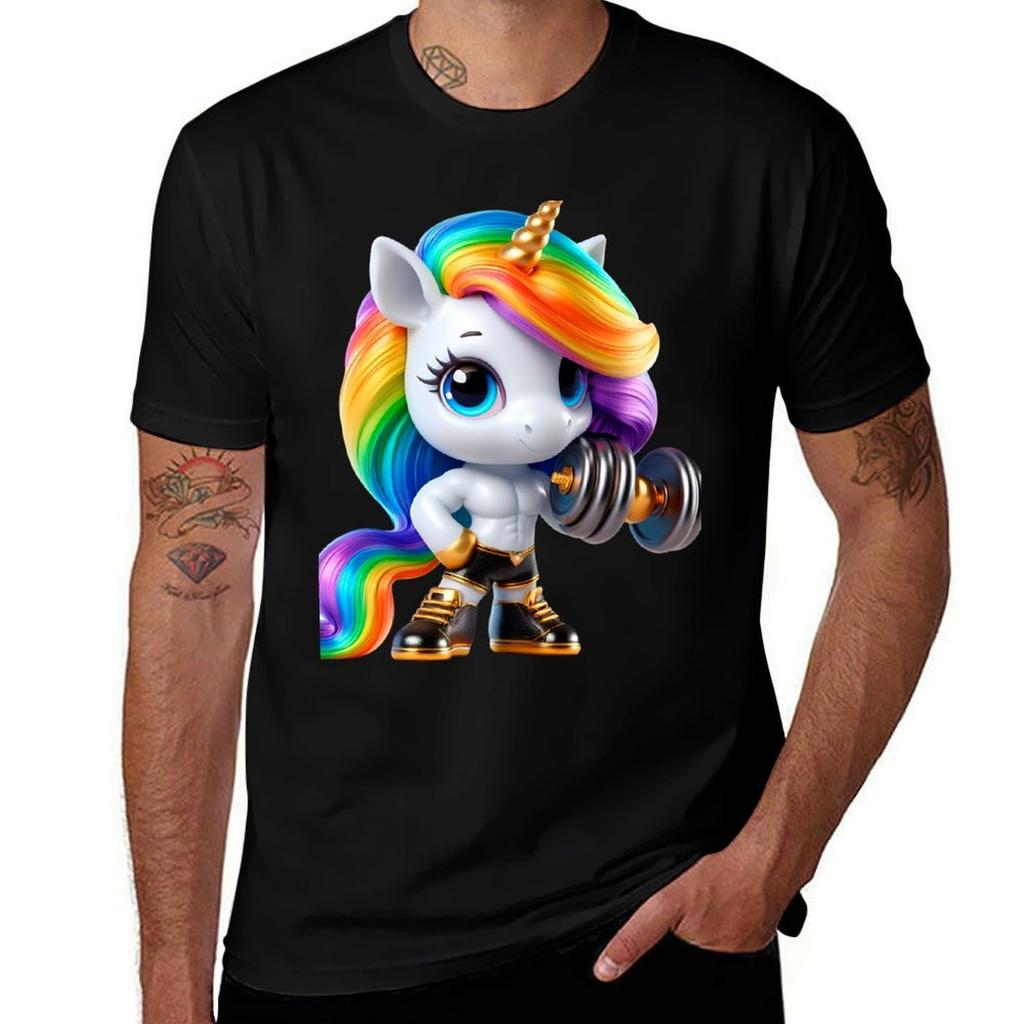 Cute Strong or Muscular Rainbow Unicorn with dumbbell in hand No TShirt Soft Casual Short Sleeve Cotton Tee TShirt