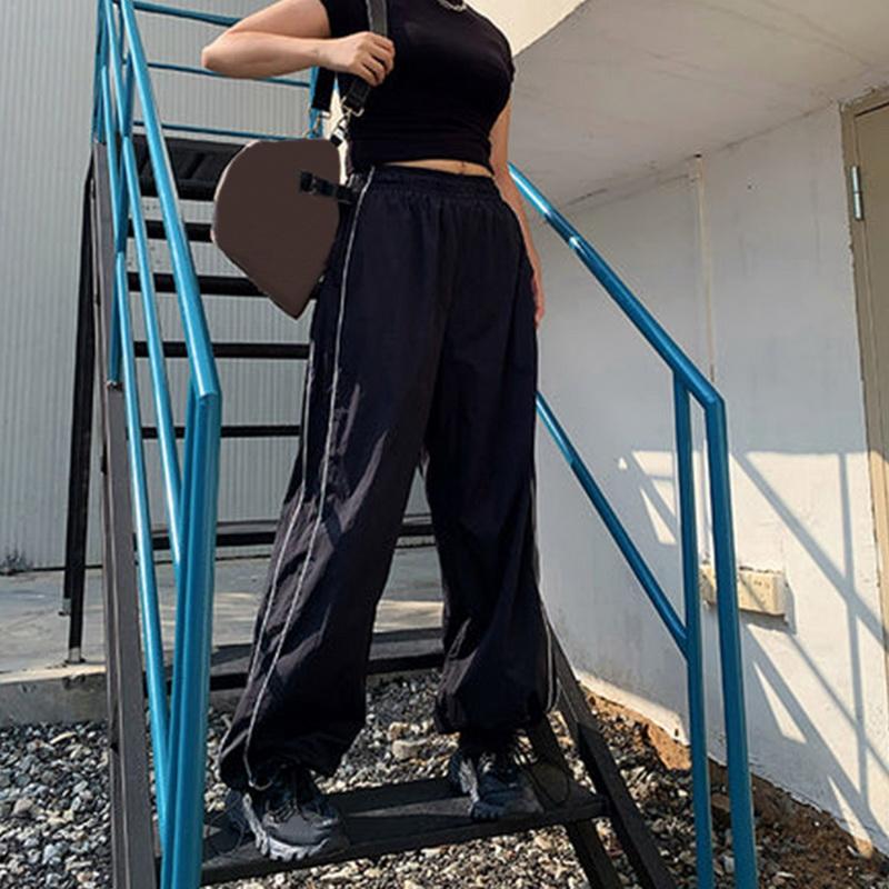 Женские прямые брюки с полосками по бокам, спортивные штаны с низкой посадкой, мешковатые широкие брюки в стиле Харадзюку, повседневные универсальные брюки-парашюты