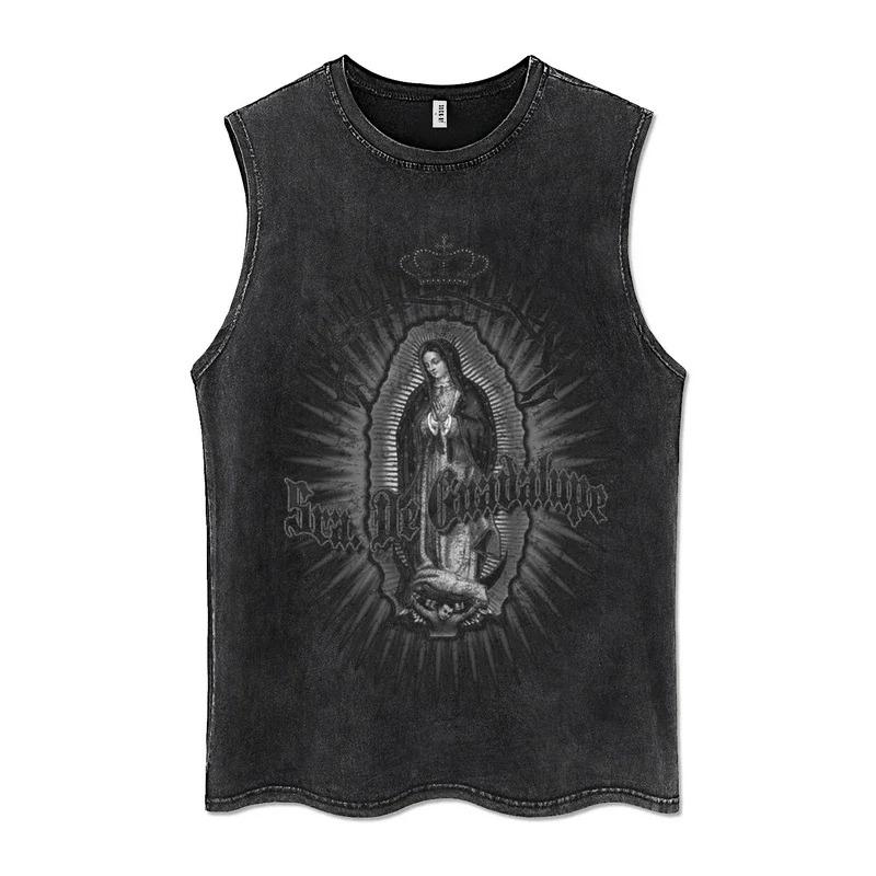 Мужской стираный винтажный жилет без рукавов с религиозным принтом для девушек, повседневные жилеты, уличная одежда, хлопковые майки Harajuku