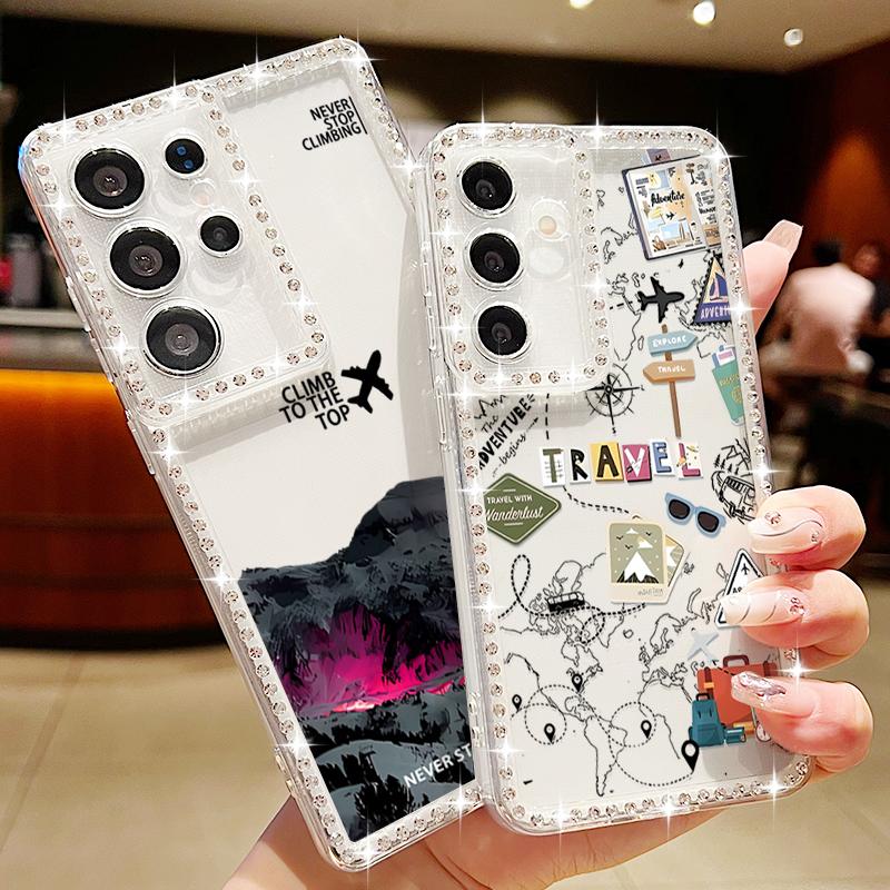 Airplane Snow Mountain Diamond Case For Samsung Galaxy A56 A55 A54 A36 A15 A16 A25 5G S25 Edge S24 Ultra S23 FE TPU Phone Cover