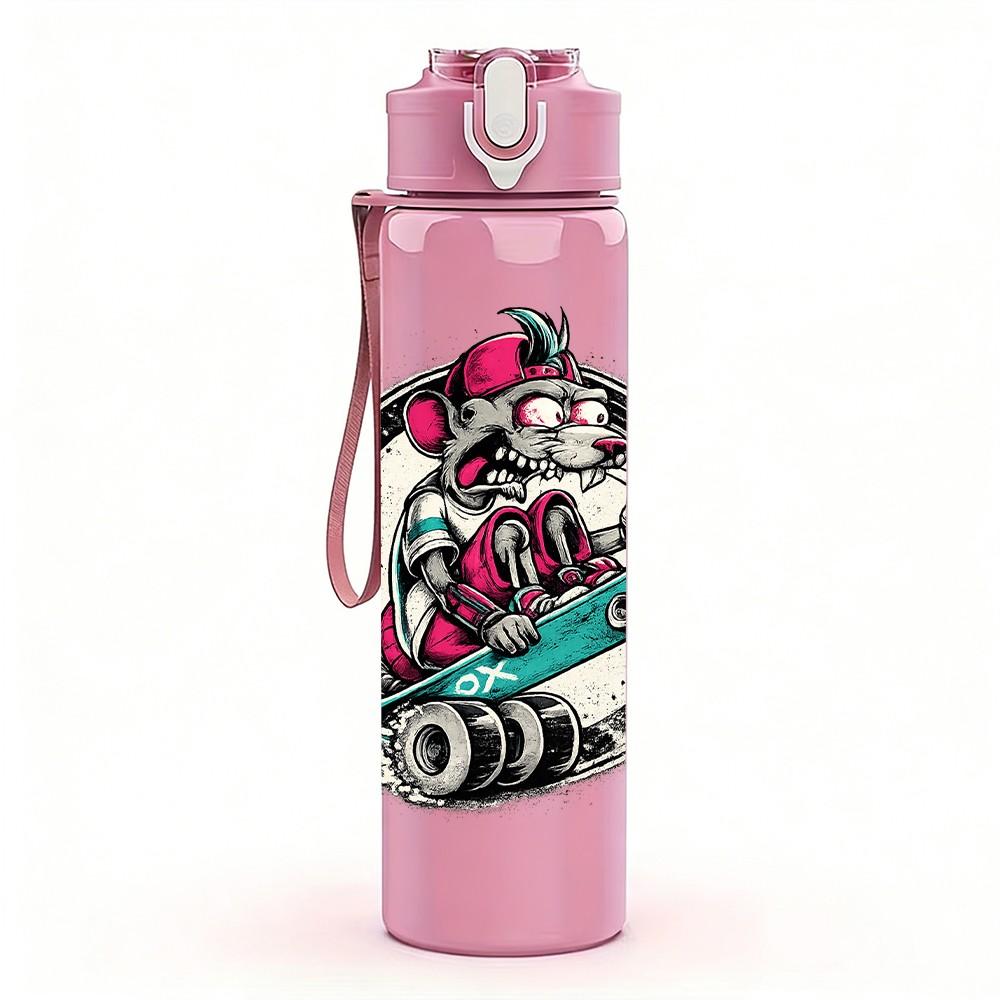 1PC Circular Skull Biker Badge Print 750ml Color Plastic Sports Water Bottle Leakproof Flip Straw Lid Suitable for Sports Office Home Use