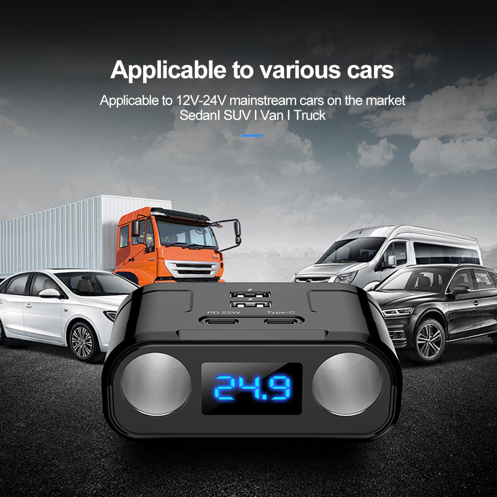 Car Socket Splitter Plug LED PD QC3.0 USB Fast Charger 4 Port Socket 12V/24V with Voltmeter Extension Cable