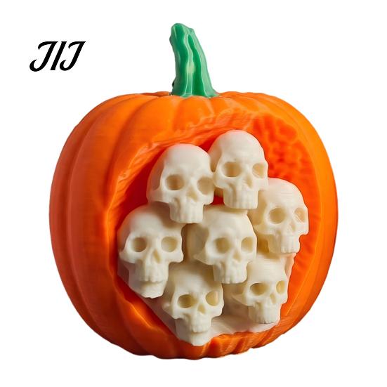 Decorative Skull Fruit Shells Halloween Pumpkin Apples Statue, 3D Printed Spooky Figurine with Creepy Miniature Home Ornaments Embedded Skulls,