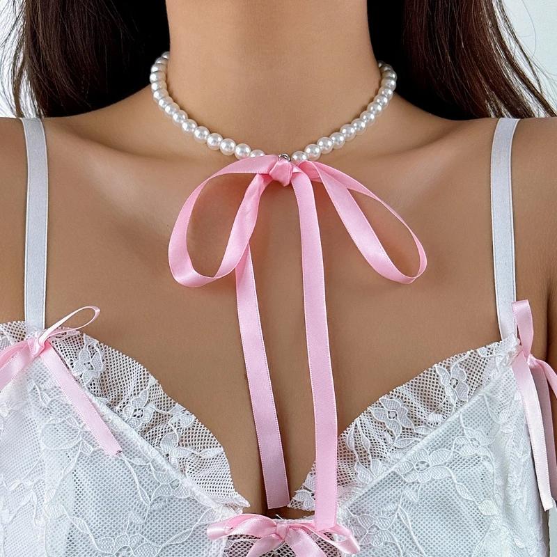 Trend Wedding Party Jewelry Long Black Ribbon Choker Necklace for Women Elegant White Imitation Pearl Beach Vacation Necklaces