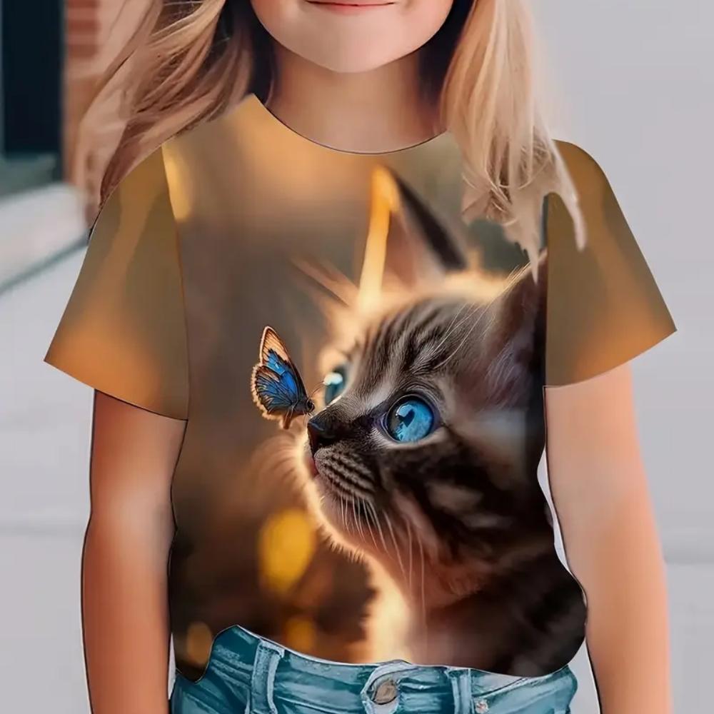 Cat casual comfortable pattern T-shirt printed with cute and interesting summer streetwear, photo girl T-shirt