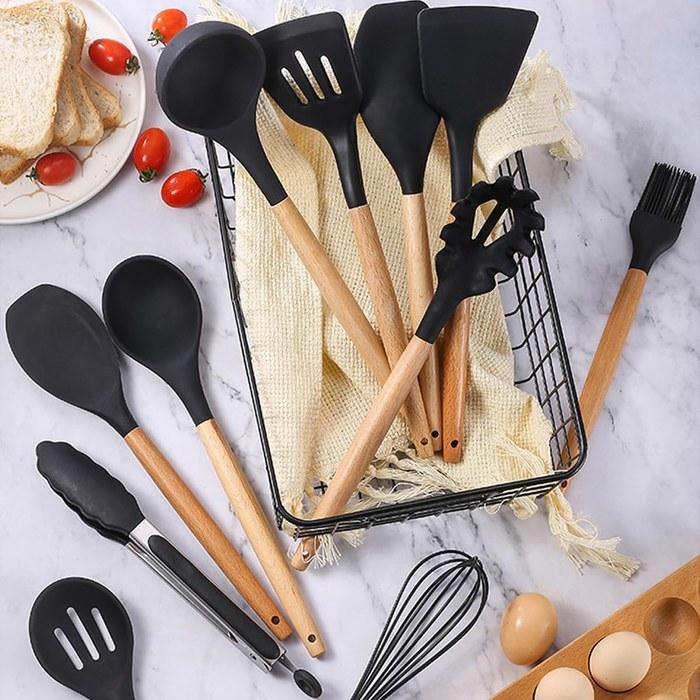 [Hiino] Kitchen Tool Set Cooking Utensils 13/14 Piece Heat-Resistant Silicone Wooden Handle Non-Scratch Pots Dishwasher Safe Spatula Ladle
