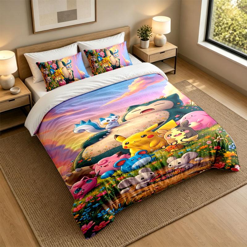 3Pcs Bedding SetPokémon Soft Bed Sheet and Two Pillowcases Home Bedroom Decor