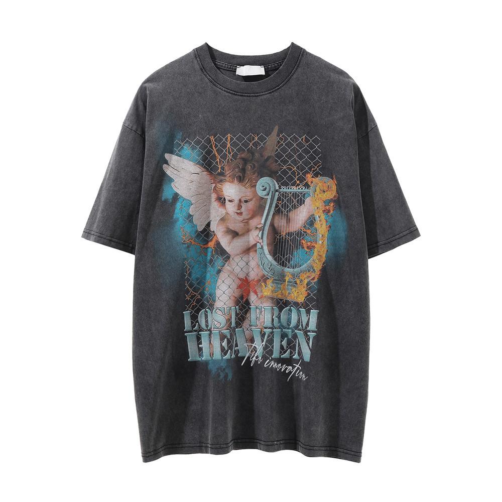 Мужская футболка с короткими рукавами и принтом ангела Ins Европейская и американская уличная футболка с круглым вырезом и половиной рукавов Летняя свободная посадка Bf