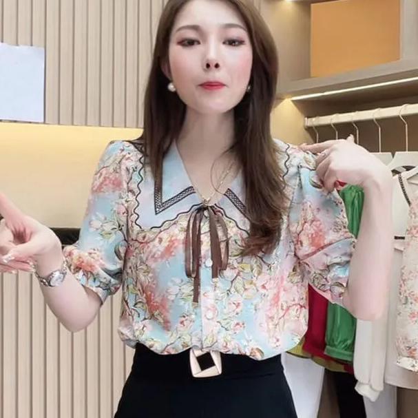 WTEMPO Spring Summer Floral Printed Chiffon Shirts Women's Three Quarter Sleeve Casual Loose Elegant Blouses