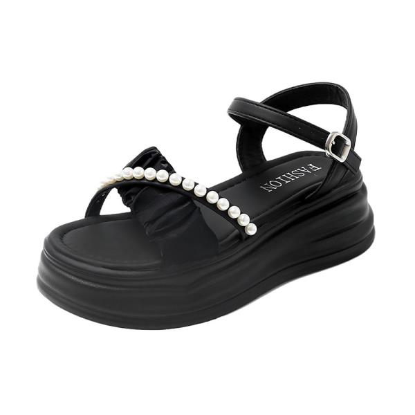 Летние бежевые босоножки на каблуке 2025 года, пляжная обувь, черные, новые, с жемчугом, плоские, удобные клоги, для девочек, с ремешком-пряжкой, тканевые, резиновые, сандалии, так