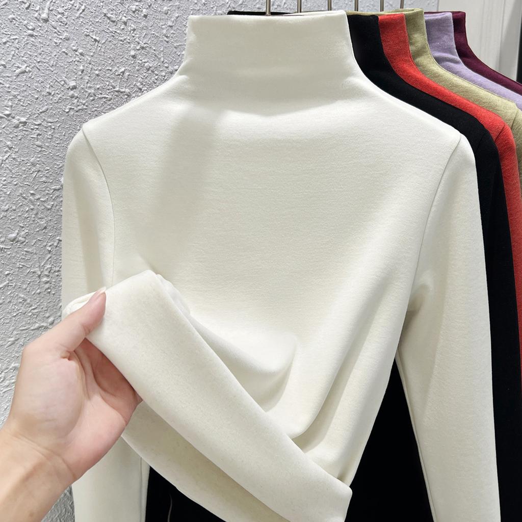 Autumn and Winter Women's Clothing Containing Wool and Silk Bottoming Shirt Women's Inner Heating Fleece Warm Turtleneck Top with Fleece and Thicker