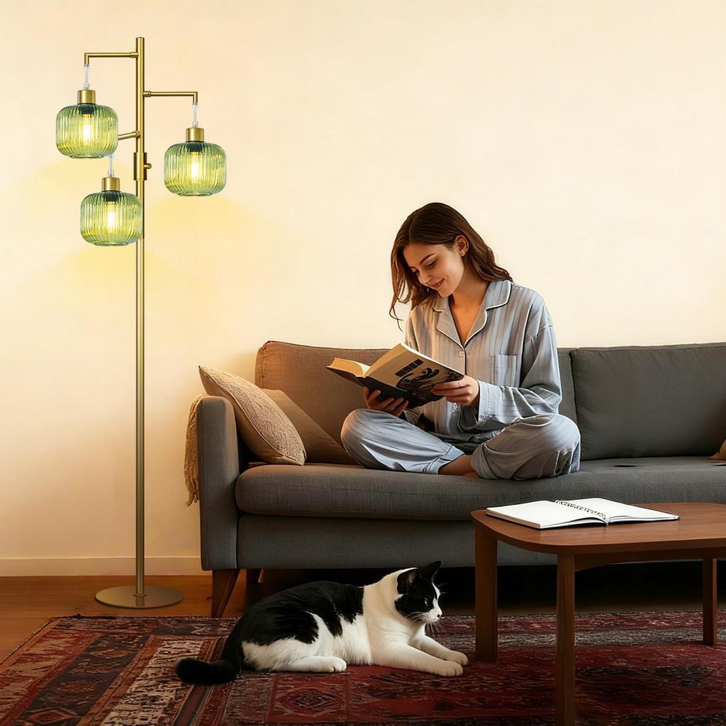 Торшер для гостиной, диммируемый золотой торшер с зеленым стеклом, 3×600 лм LED в комплекте