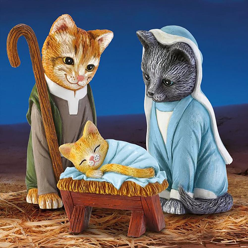 Unique Cat Resin Sculptures Ornaments Feline Nativity Scene Collectible Figurines Home Indoor