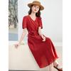 26 year new summer short sleeved skirt V-neck slimming versatile high-end waist cinching mid length skirt elegant A-line skirt dress