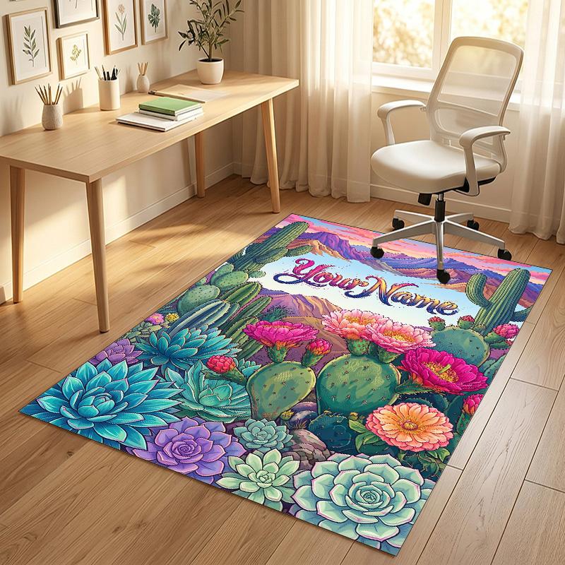 Desert Cactus Theme Soft Crystal Velvet Rug Custom Name & Text Print Non Slip Floor Rug for Bedroom Living Room