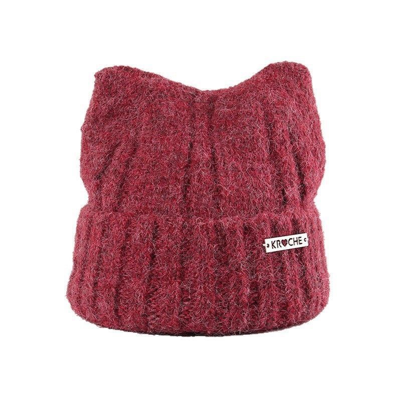 Cute cat ears knitted wool hat women's winter warm ear protection thickened bag head hat cold red shows small face