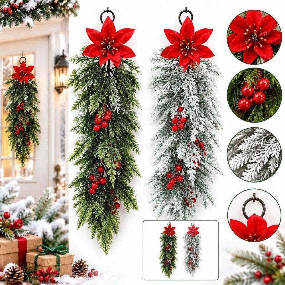 Lightweight Christmas Artificial Cedar Needle Reusable Red Berry Poinsettia Decor Christmas Party