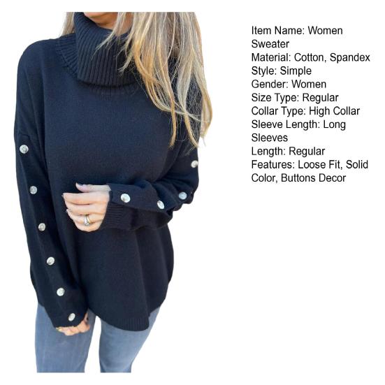 Женский свитер с высоким воротником, длинными рукавами, вязаный топ с рубчатой отделкой, однотонный, свободный низ, декорированный пуговицами, трикотаж
