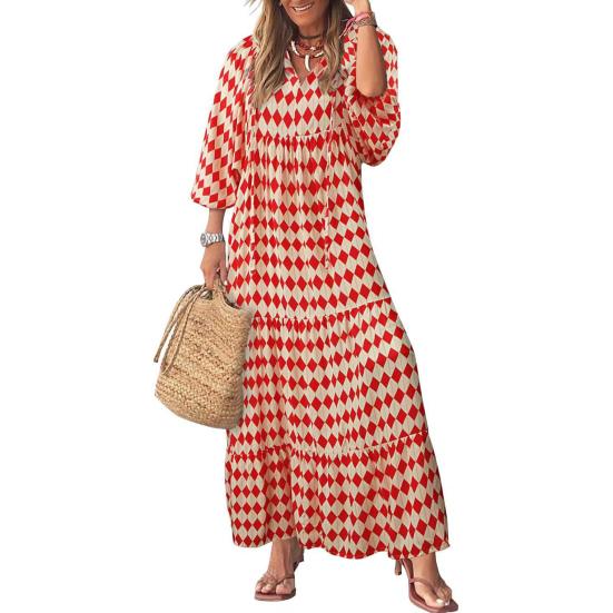Lady Fall Dress Bubble Sleeves V Neck Printing A-line Loose Ankle Length Patchwork Bohemian Beach Maxi