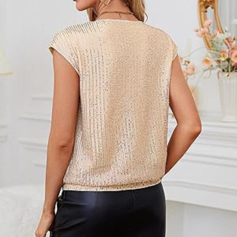 Summer New Sleeveless Sequin Casual Loose Shirts for Women Elegant Slim Fit V-neck Solid Blouses Women Elegant Simple Fashion Ladies Shirt Tops 26422