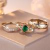 3 Pcs/set Teardrop Cut Green Stone CZ Claw Rings Set Golden Color Leaf Floral Jewelry Set Valentine's Day Gift