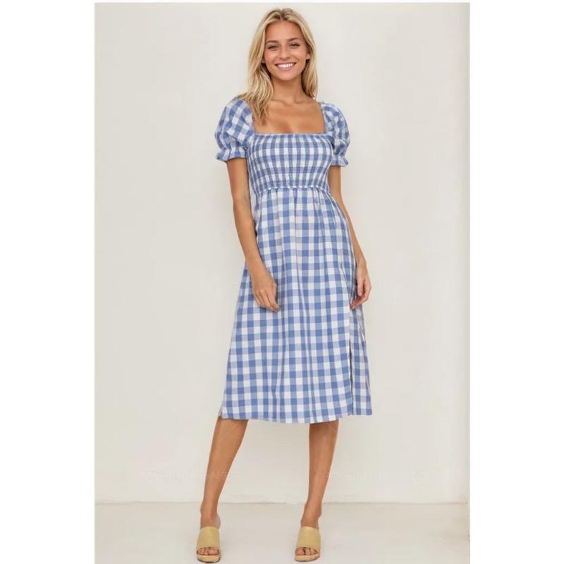 Женское платье весна-лето с разрезом, квадратным воротником и короткими рукавами в клетку