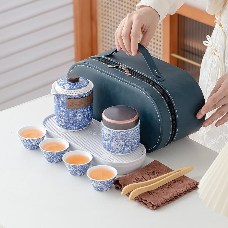 Portable travel kung fu tea set Ru kiln flowering high-end ceramic teapot teacup housewarming gifts for elders