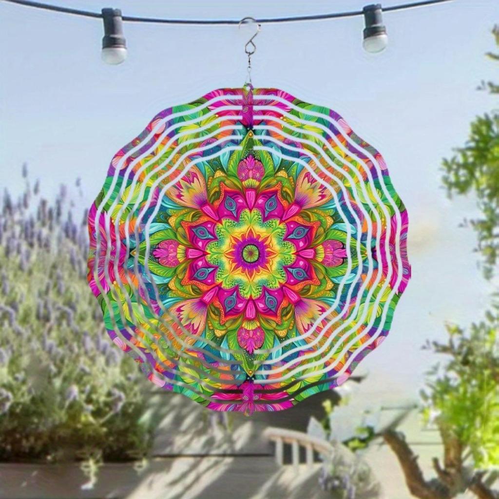 Подвеска-колокольчик с крючком 360 градусов 25,4 см Яркий дизайн мандалы Красочный металлический декор для сада, патио, балкона Все сезоны Прочный уличный декор