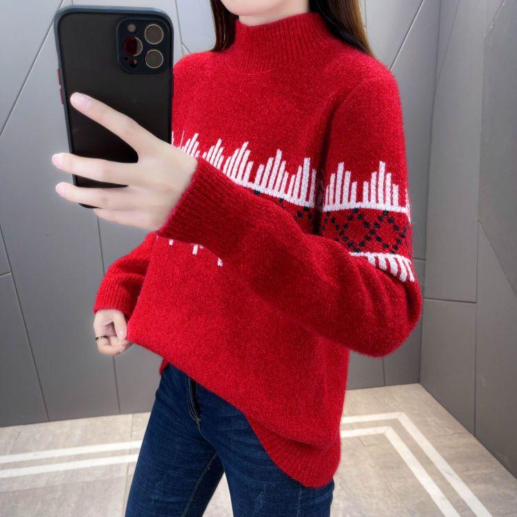 Pullover Sweater Women Mink Down Autumn and Winter 2023 Half High Collar Loose Knitted Undercoat Casual Pullover Sweater Women