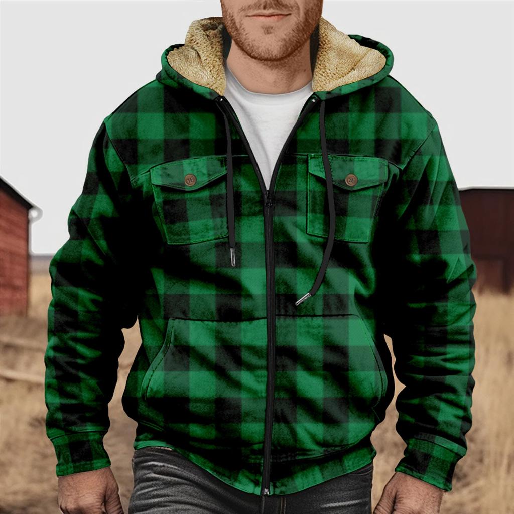 Men's Plaid Print Double Pocket Jacket Men's Spring And Autumn Casual Trend Zipper Hooded Jacket
