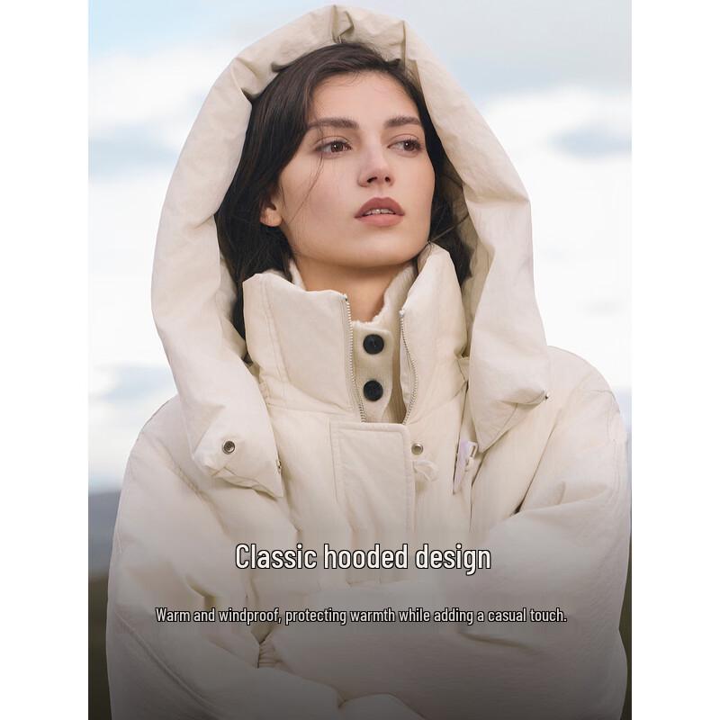 ELLE Женская длинная куртка с капюшоном из текстурированного белого утиного пуха