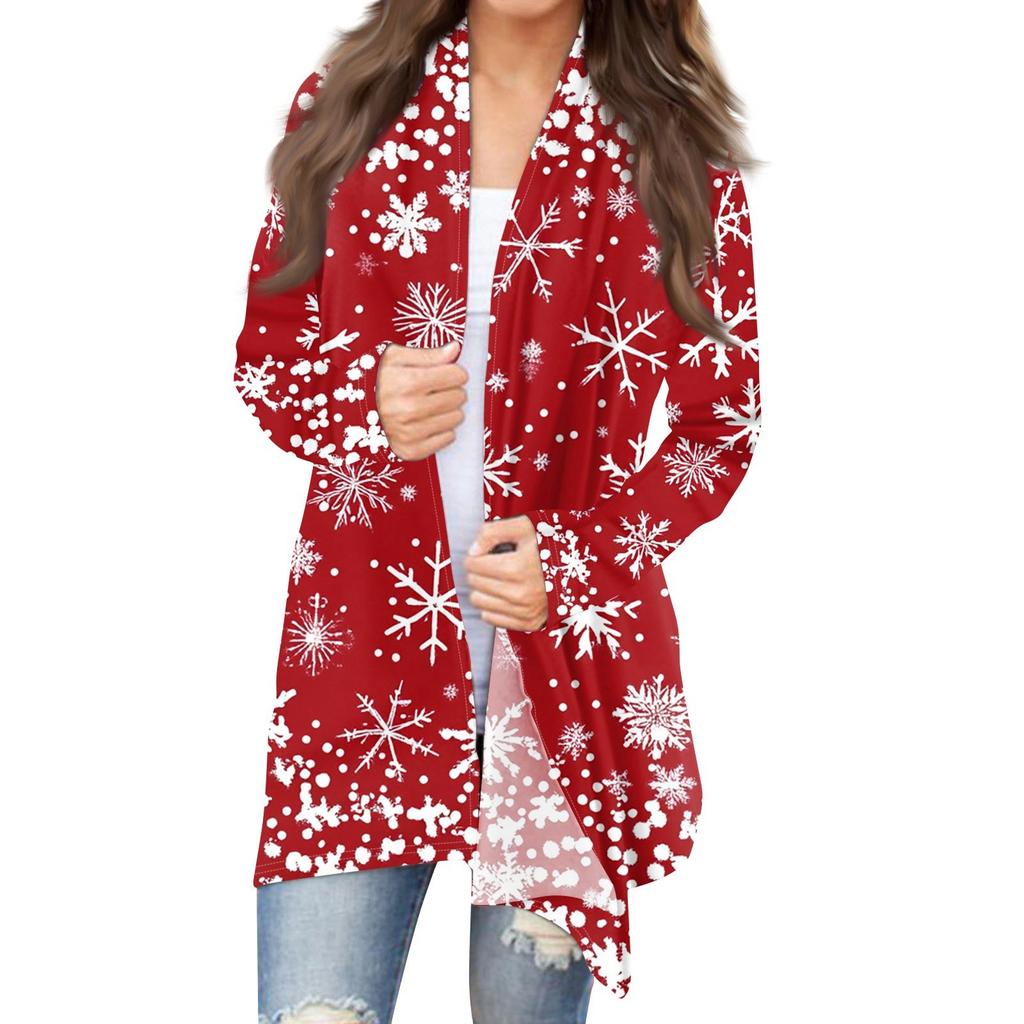 Women's Fashion Christmas Print Jacket Long Sleeve Casual Cardigan Coat