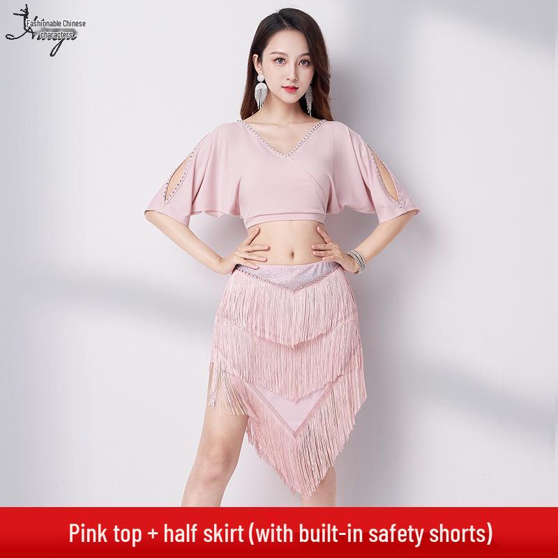 Летний комплект с V-образным вырезом и юбкой с кисточками для танца живота 2025 - Сексуальный восточный костюм для выступлений для женщин