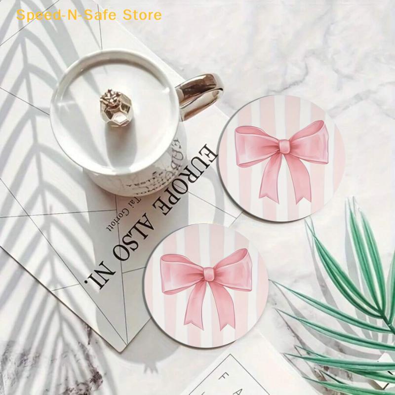 NonSlip Car Cup Mat Pink Bow Print Universal Coasters Set for Cute Vehicle Interior Styling