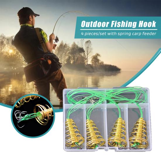 4Pcs/Set Trap Fishing Hook with Spring Carp Feeder Tangle-Free Heavy Duty Green Line Metal Barbed Fish Hook Rig Carp Fishing Accessories