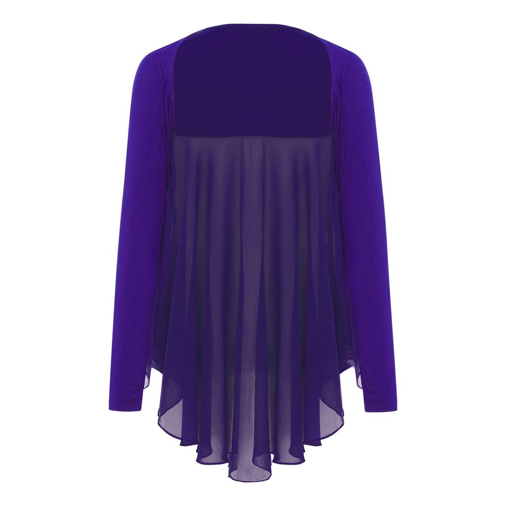 Топ для выступлений для девочек, стиль с открытой передней частью, неровный подол, болеро с крыльями ангела, соревновательный наряд