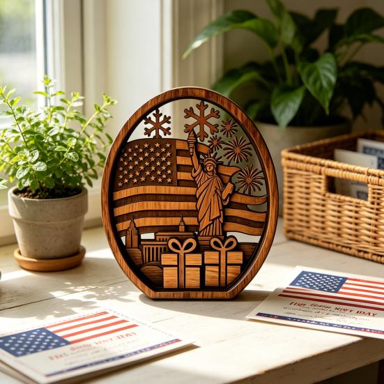 Патриотический centerpiece на стол 4 июля Деревянный флаг Америки Статуя Свободы Стоячий знак на День Независимости Сельский многоуровневый поднос Декор