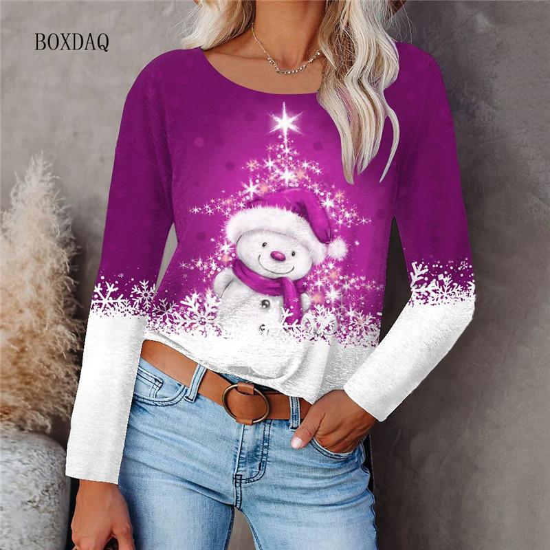 Рождественский стиль женские футболки с длинным рукавом осень-зима уличный 3D рождественский снеговик принт женские футболки 6XL большой размер повседневные топы